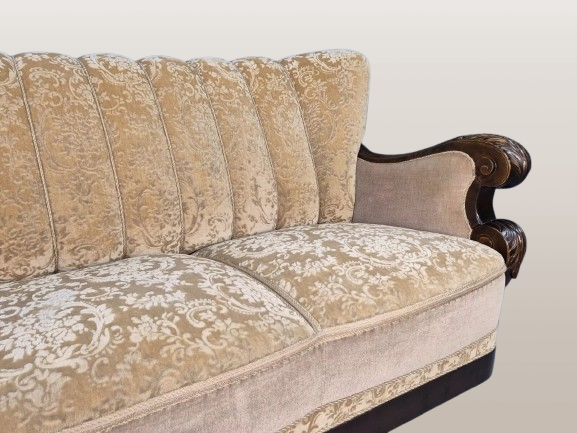 Senovinė daniška sofa Gold Moquette raižytas rėmas, antikvarinis 1920 m - Image 3