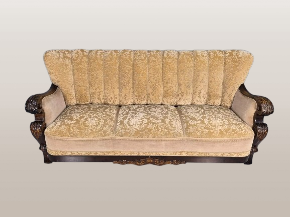Senovinė daniška sofa Gold Moquette raižytas rėmas, antikvarinis 1920 m - Image 2