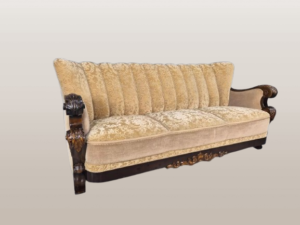 Senovinė daniška sofa Gold Moquette raižytas rėmas, antikvarinis 1920 m