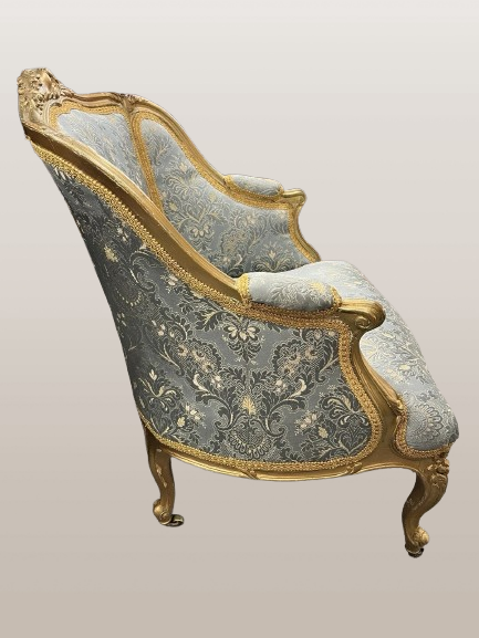 XIX a. prancūziškas Liudviko XV šilko apmuštas paauksuotas medinis fotelis - Image 4