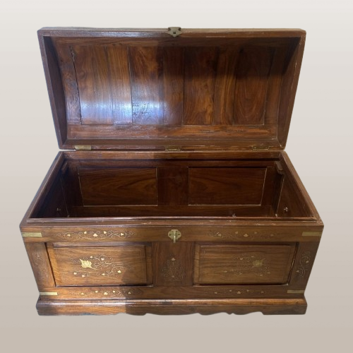 Antikvarinė vestuvinė skrynia, žalvario inkrustacija - Image 4