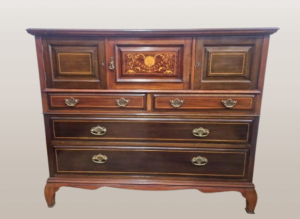 Antikvarinė didelė Viktorijos laikų raudonmedžio inkrustuota skrybėlių spintelė / komoda