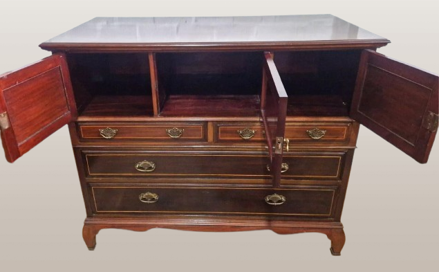 Antikvarinė didelė Viktorijos laikų raudonmedžio inkrustuota skrybėlių spintelė / komoda - Image 2