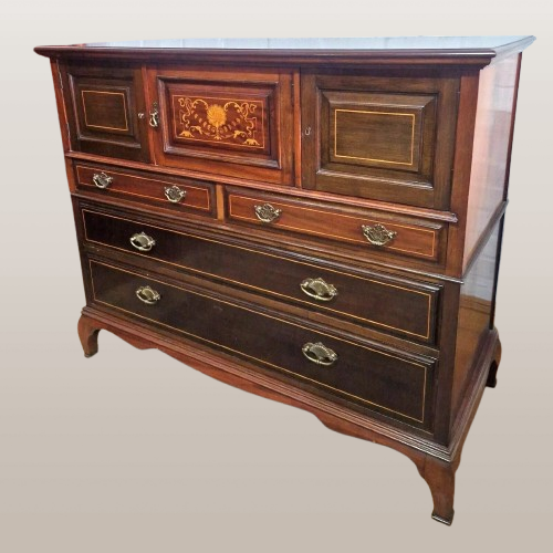 Antikvarinė didelė Viktorijos laikų raudonmedžio inkrustuota skrybėlių spintelė / komoda - Image 4